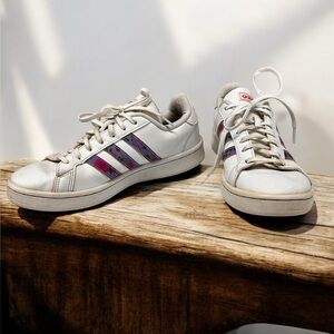 Adidas Neo Grand Court White Sneakers Pink And Purple Flora Stripes Women’s 8.5